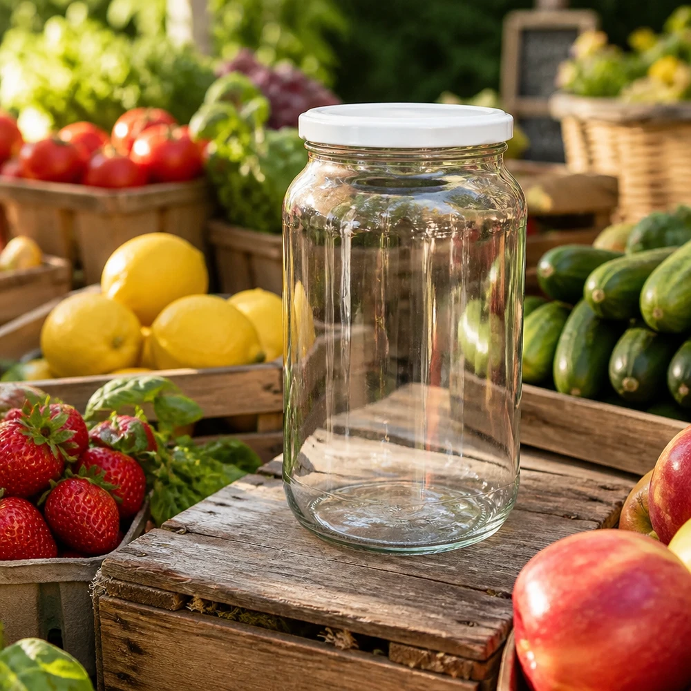 Barattolo rotondo da 1062 ml con coperchio BasicSeal bianco UNiTWIST Leeres 1062ml Rundglas mit weißem BasicSeal Deckel inmitten frischer Marktprodukte Gurken Zitronen Erdbeeren Pfirsiche