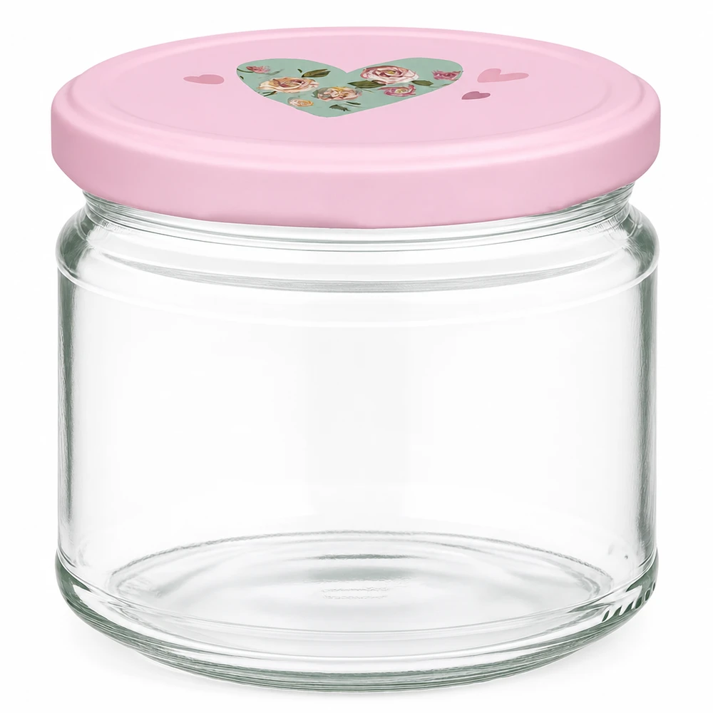 Barattolo rotondo da 330 ml + coperchio BasicSeal cuore rosa UNiTWIST Vasetto rotondo da 330 ml con coperchio BasicSeal rosa e motivo a cuore, vasetto vuoto per marmellate e confetture