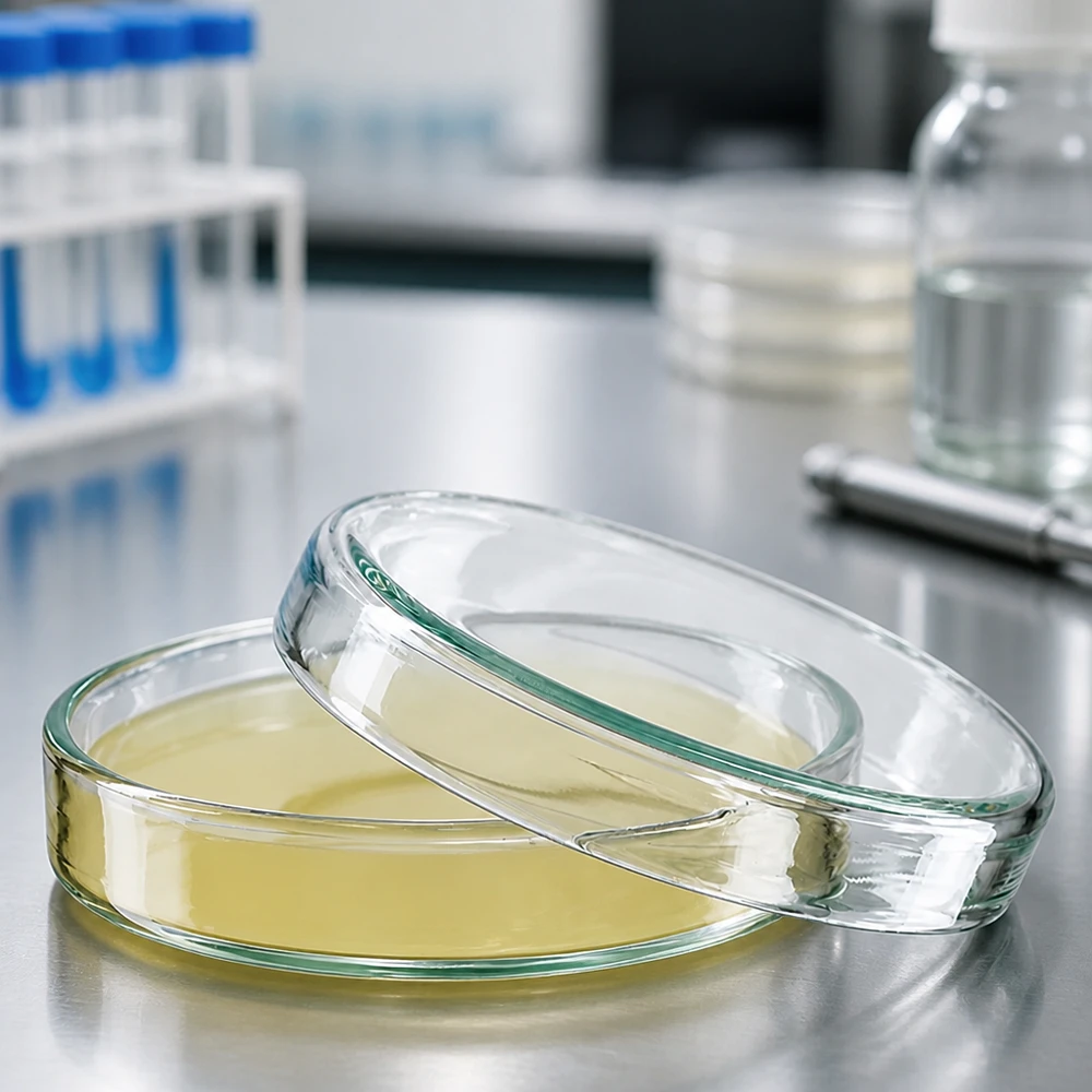 Piastra Petri 60x15 in vetro Piattino di Petri in vetro da 60x15 mm riempito con agar nutriente giallo in un ambiente di laboratorio professionale