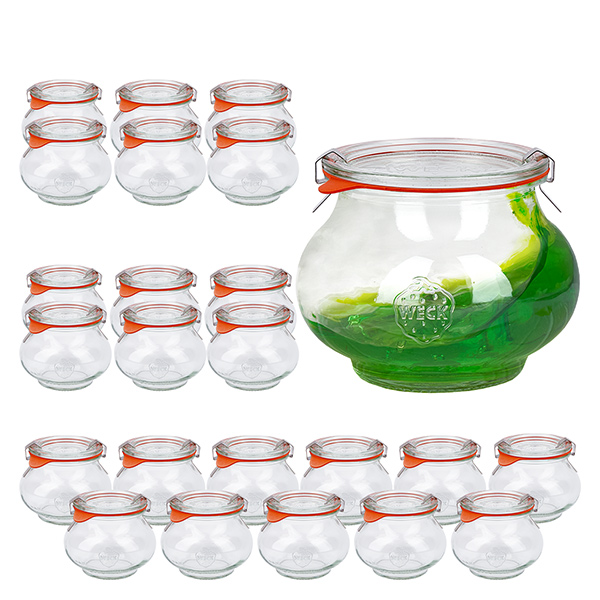 Set di 24 vasi Weck da 220 ml, tumbler da 1/4L con 18 coperchi in vetro. Set di 24 vasi Weck da 220 ml, tumbler da 1/4L con 18 coperchi in vetro.