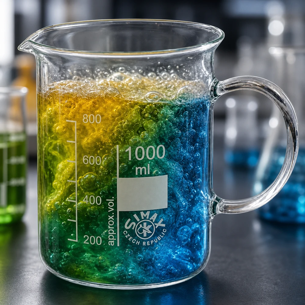 Bicchiere da laboratorio da 1000 ml con manico e miscela di reagenti colorati (blu, verde, giallo) in laboratorio