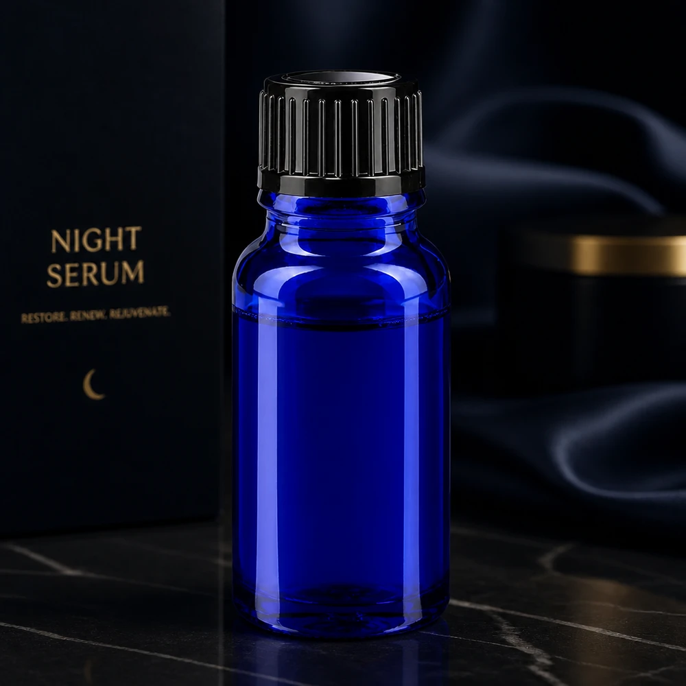 Elegante flacone da farmacia da 10 ml color blu cobalto con tappo a vite nero, ideale come siero da notte