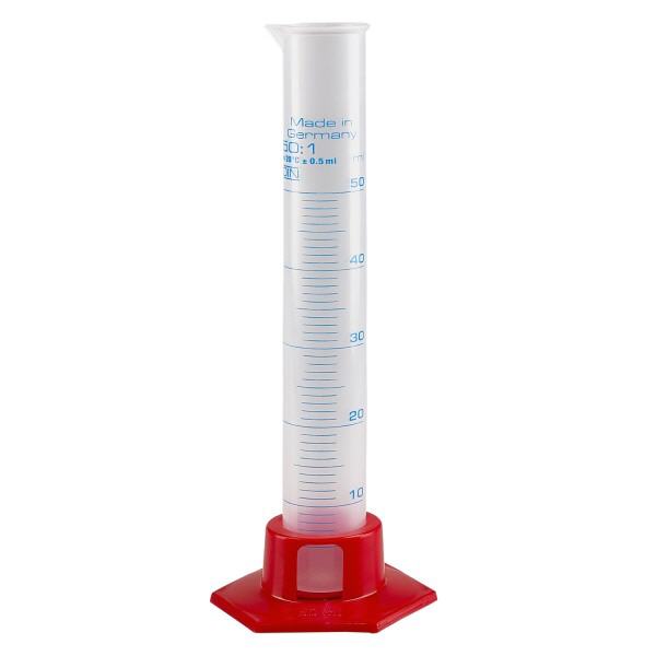 Cilindro graduato da 50ml in PP con base rossa Cilindro graduato da 50ml in PP con base rossa