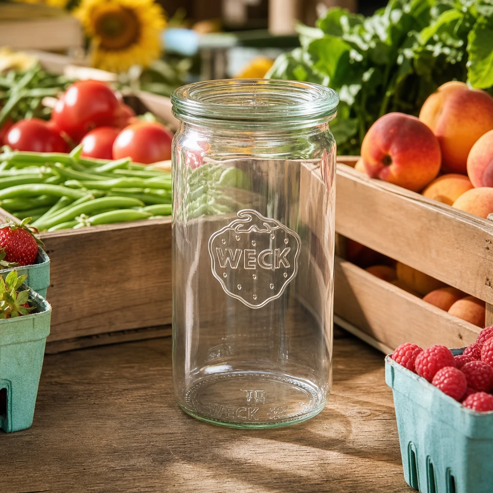 Vaso cilindrico WECK 340ml RR60 trasparente su tavolo di legno circondato da frutta fresca, verdura e bacche in un'atmosfera da bancarella.