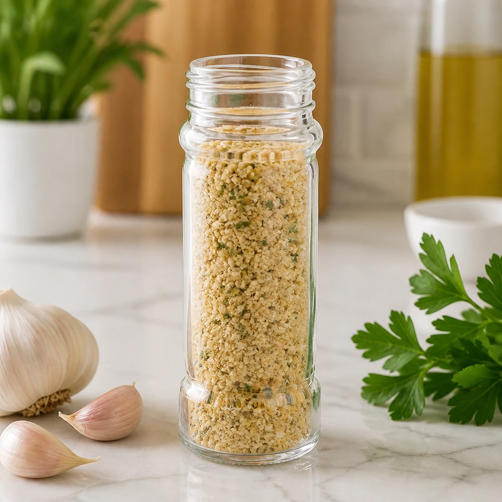 Barattolo per spezie Mary da 100 ml riempito con sale all'aglio, accanto a prezzemolo fresco e spicchi d'aglio