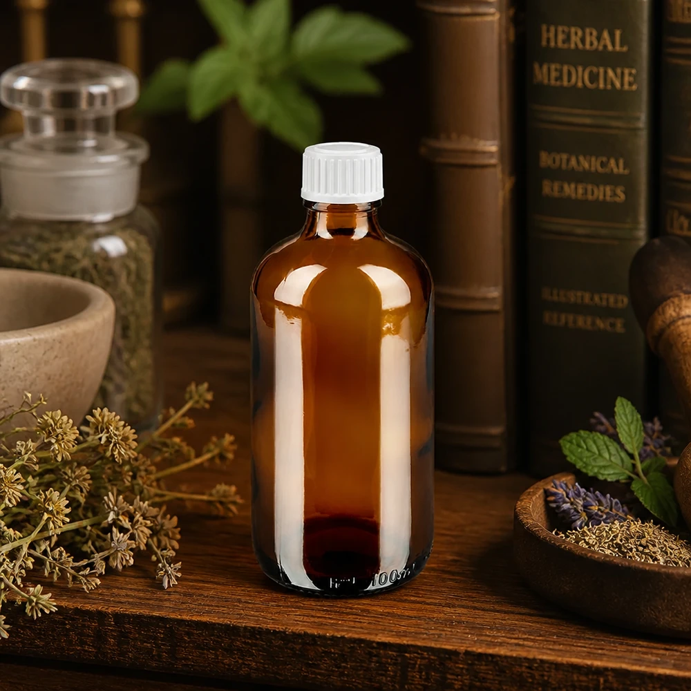 Flacone da 100 ml color ambra con tappo dosatore bianco per estratti di erbe e tinture