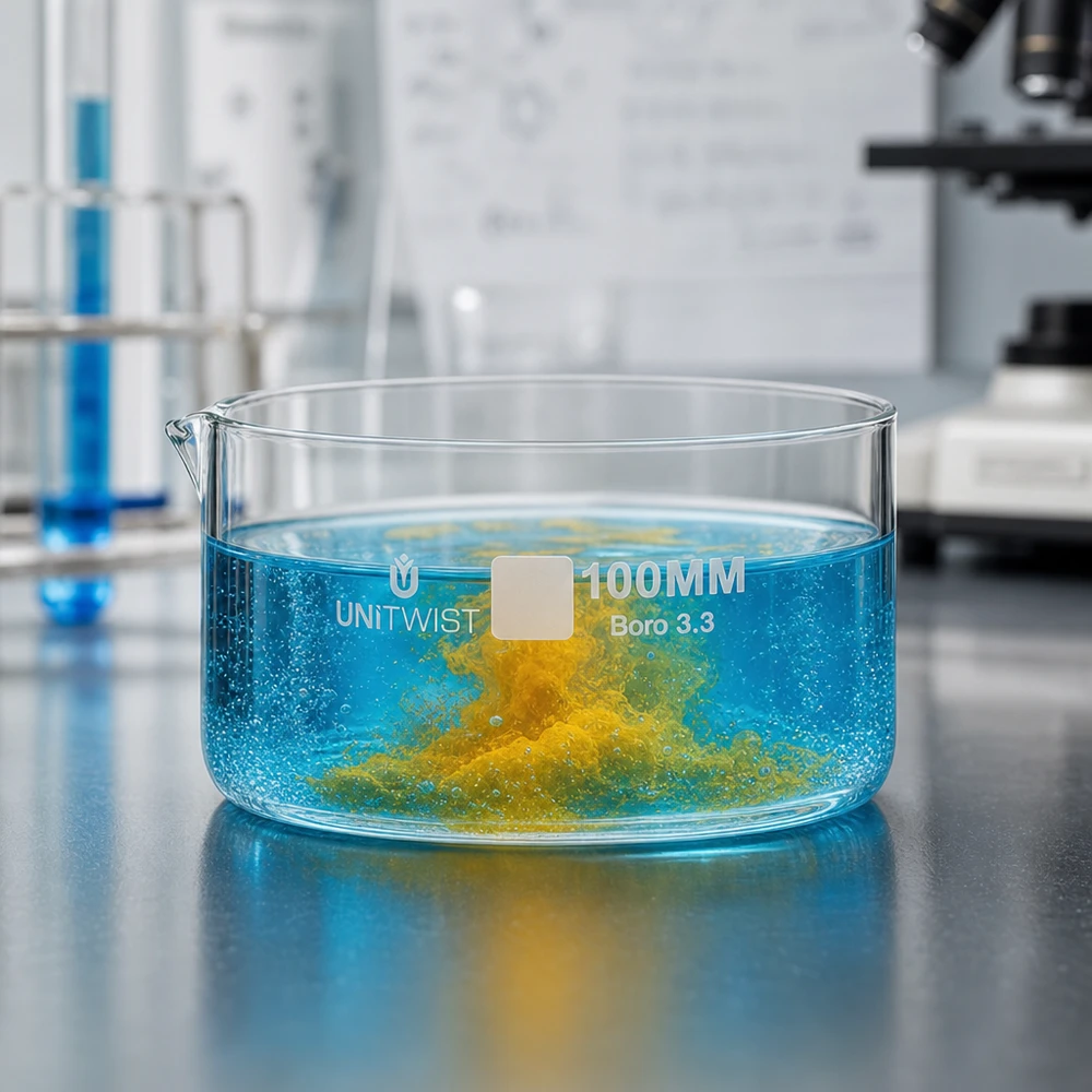 Piatto per cristallizzazione ø100mm in vetro borosilicato UNiTWIST Vaschetta di cristallizzazione 100 mm UNiTWIST Reazione di precipitazione blu-giallo Vetro borosilicato Laboratorio