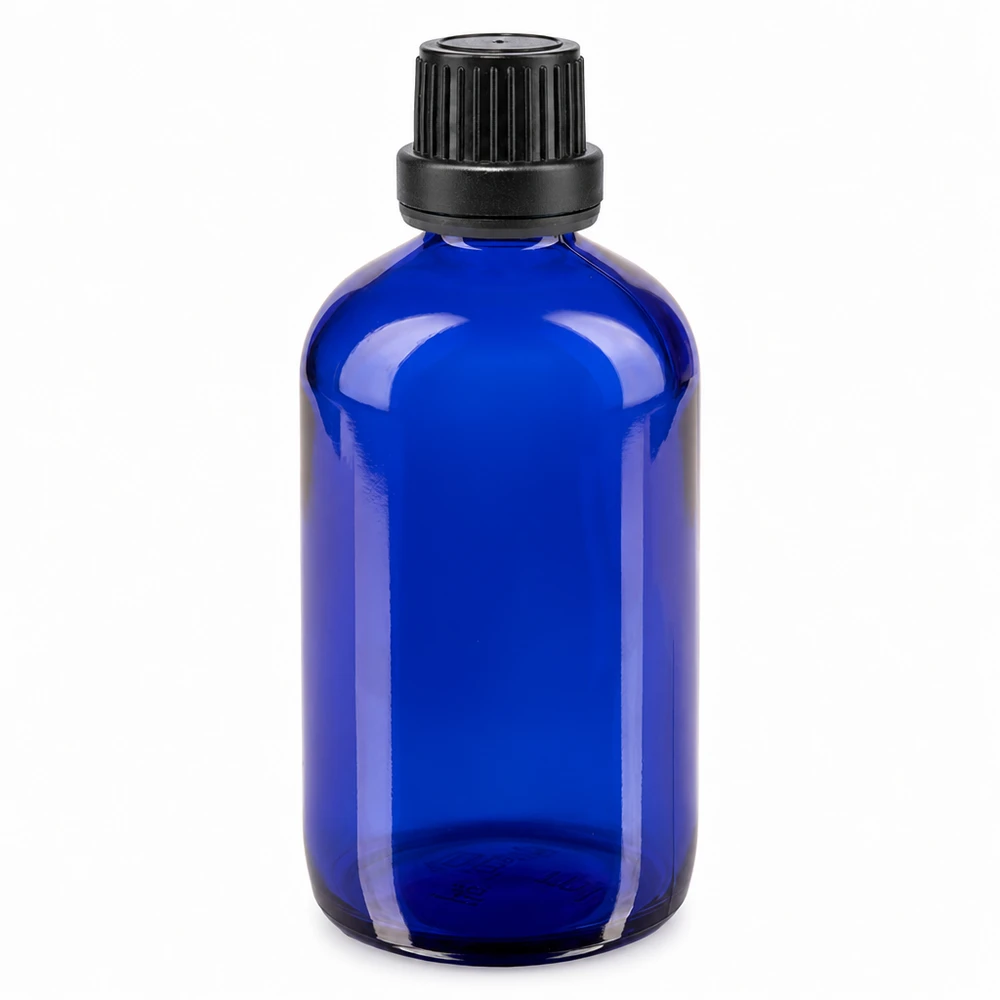 Flacone da farmacia in vetro blu da 100 ml con tappo a vite nero da 11 mm