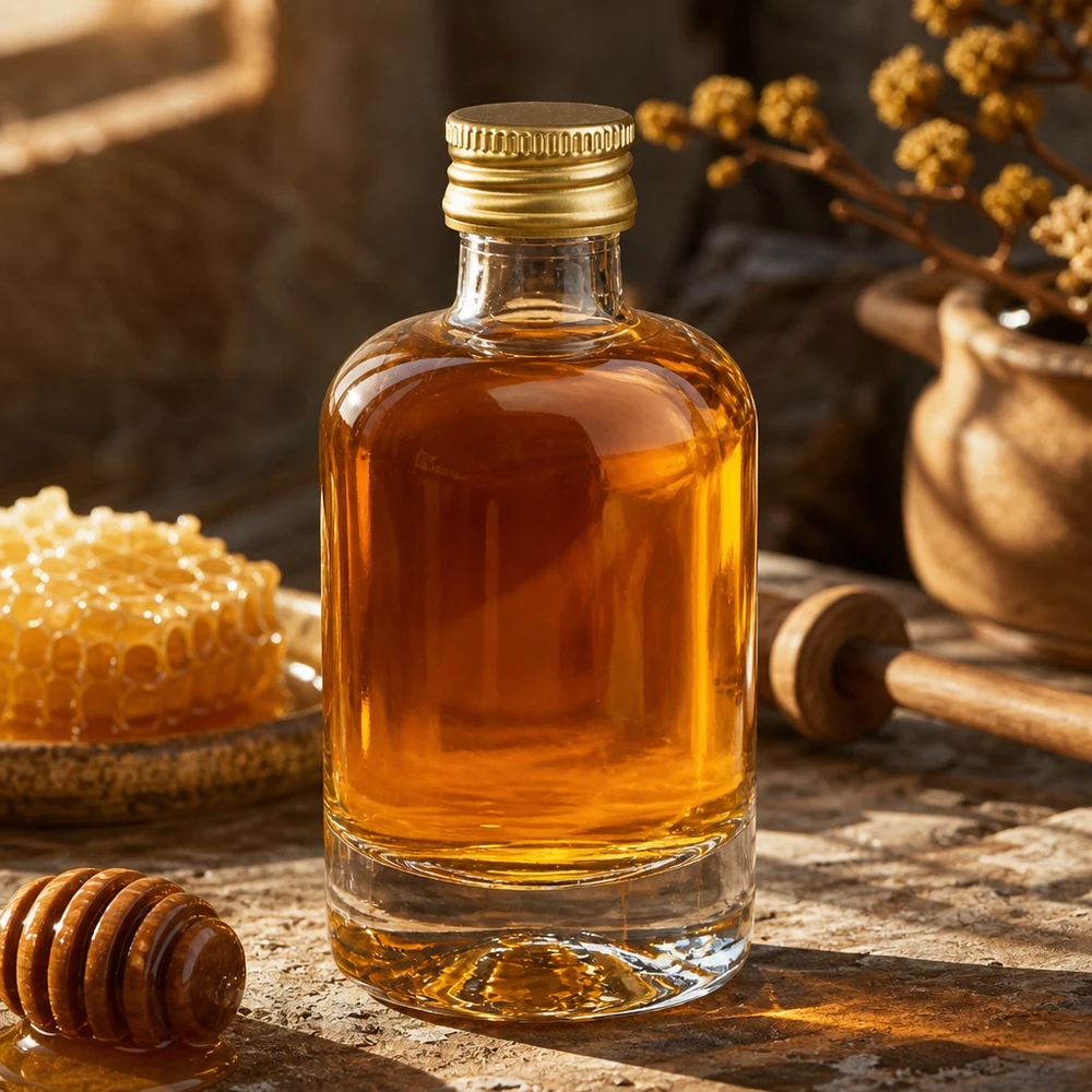 Bottiglia di vetro da 40 ml Sara riempita di miele - tappo dorato UNiTWIST accanto al favo e al cucchiaio di miele
