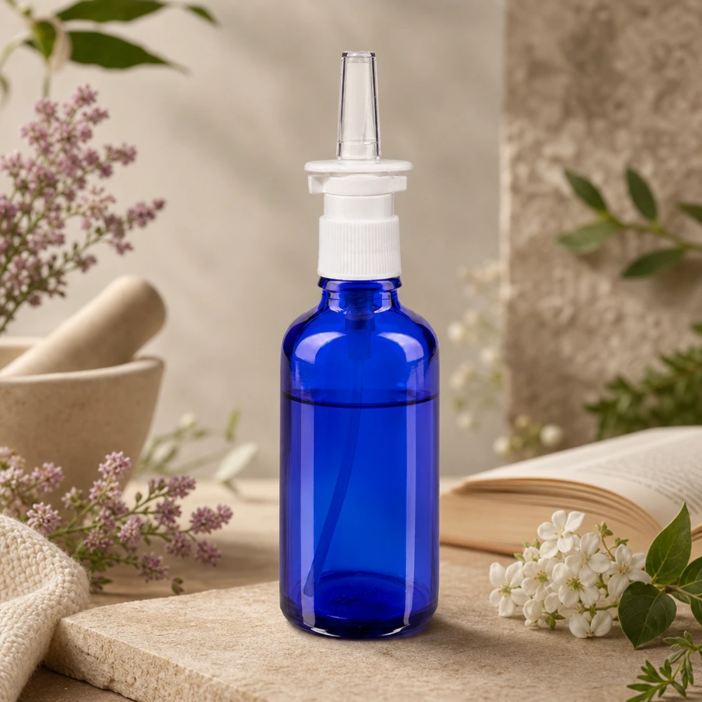Flacone blu da 50 ml per spray nasale in vetro da farmacia con erogatore a pompa ergonomico bianco