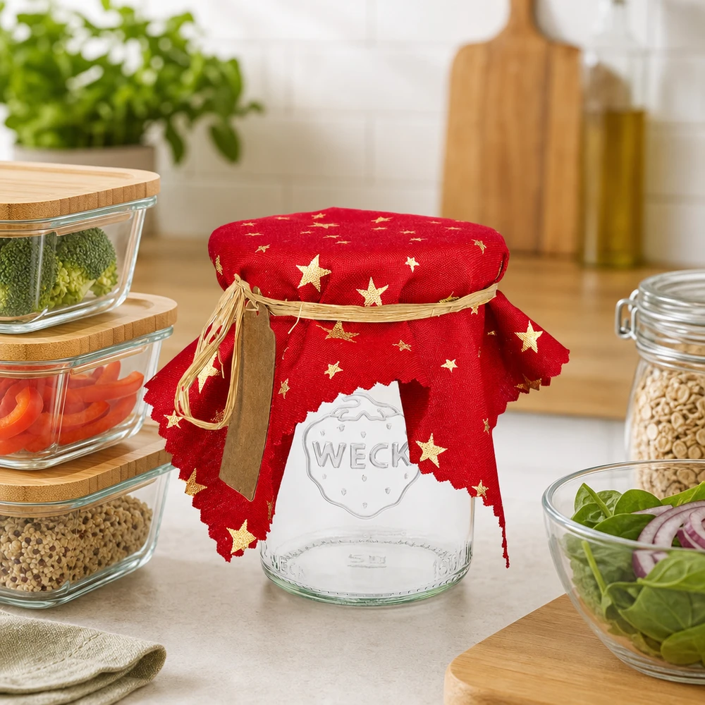 Festivo centrino decorativo con stampa di stelle su barattolo per conserve, decorazione da cucina rossa 15 cm, stile organizzativo per l'archiviazione