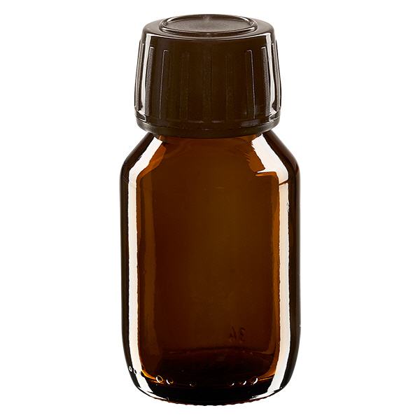 Flacone per medicinali da 50 ml marrone, tappo marrone con chiusura antimanomissione Flacone per medicinali da 50 ml marrone, tappo marrone con chiusura antimanomissione