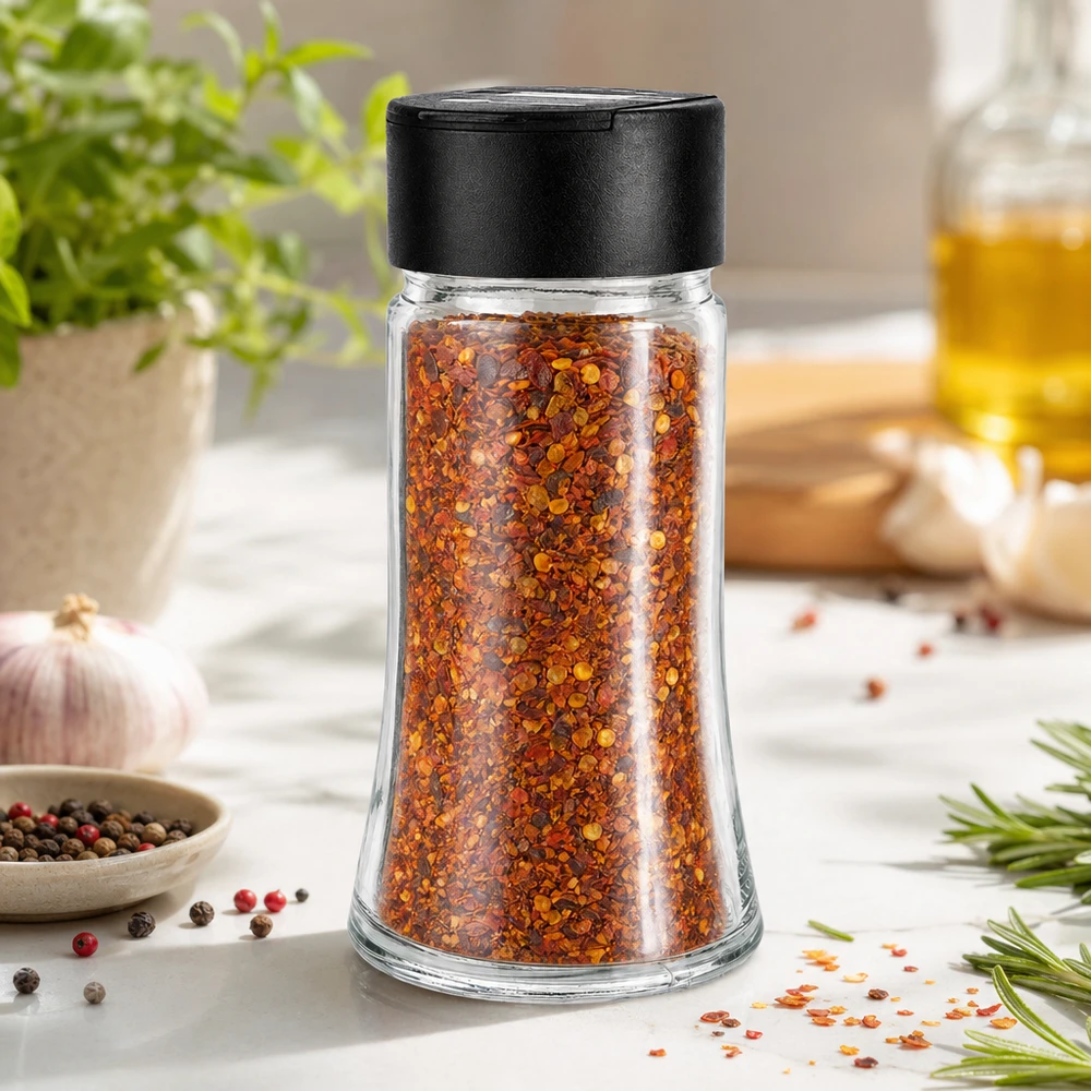 Barattolo per sale e spezie da 95 ml con doppio dosatore, nero Fiocchi di peperoncino in un barattolo da 95 ml in vetro trasparente con coperchio dosatore nero su base in marmo