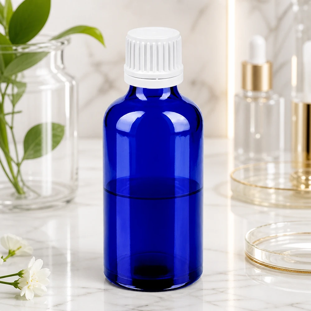 Bottiglia da 50ml 11mm SV bianco OV BlueLine UT18/50 Bottiglia in vetro premium da 50 ml con superficie opaca e design ergonomico in blu profondo