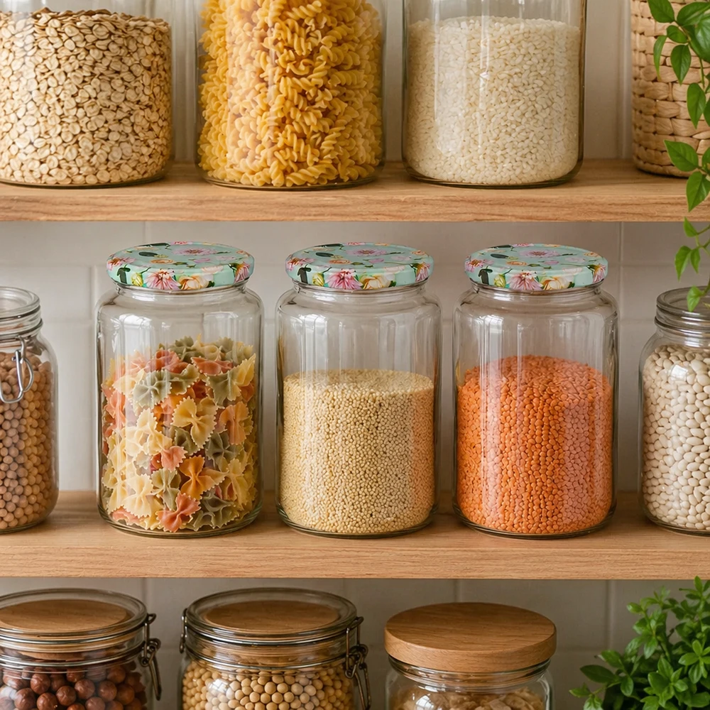 795ml vaso rotondo + coperchio BasicSeal flower mint UNiTWIST Organizzatore per dispensa con barattoli rotondi da 795 ml con coperchi a fiore di menta, riempiti con pasta, lenticchie e cereali nel mobile dispensa.