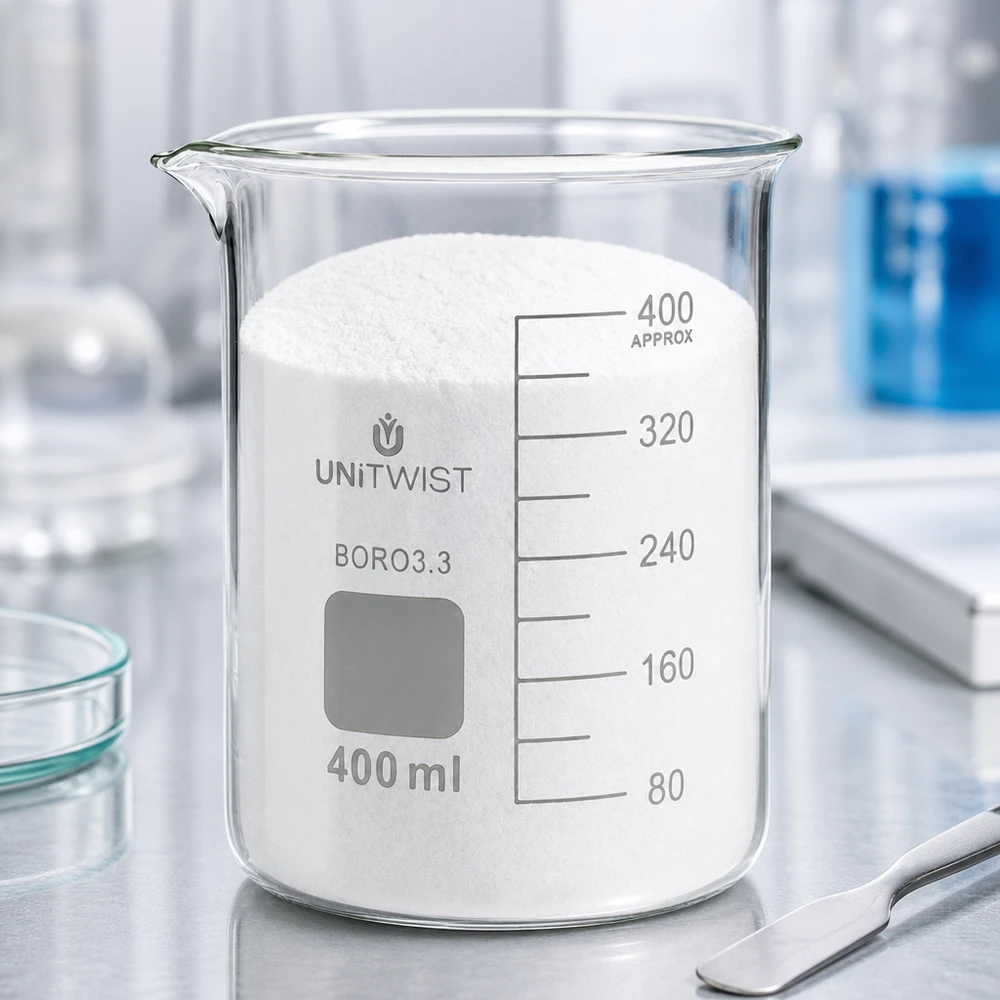 Bicchiere da laboratorio UNiTWIST da 400 ml, di forma bassa, riempito di polvere bianca su un tavolo da laboratorio