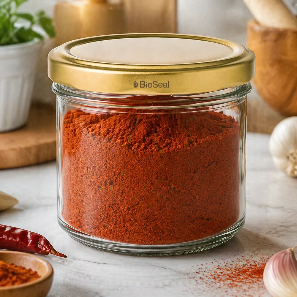 UNiTWIST Sturz125 con coperchio dorato. Coperchio TO66 BioSeal Barattolo per conserve UNiTWIST da 125 ml con polvere di paprika - coperchio dorato TO66 in ambiente cucina
