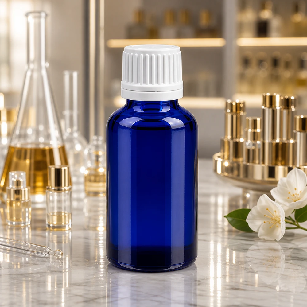 Bottiglia da 30ml 11mm SV bianco OV BlueLine UT18/30 Flacone compatto da 30 ml in vetro blu con protezione dai raggi UV e sistema di chiusura sicuro