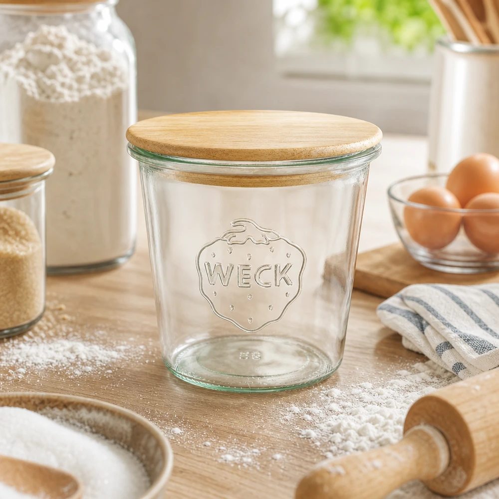 WECK 580ml mason jar vuoto con coperchio in legno in cucina su tavolo in legno spolverato di farina tra accessori da forno e uova