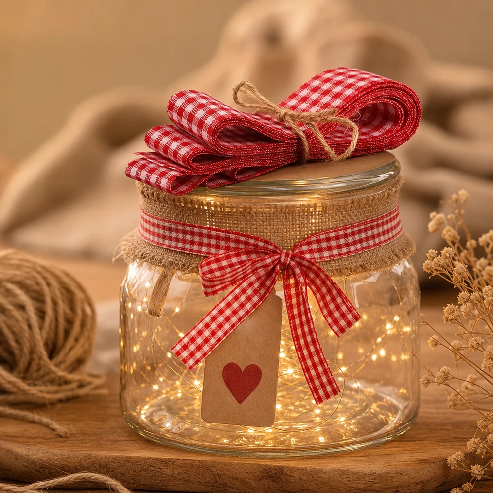Nastro in tessuto a quadri rossi e bianchi di 300 cm come decorazione luminosa a LED su un vaso di vetro con ciondolo a cuore in un'atmosfera accogliente