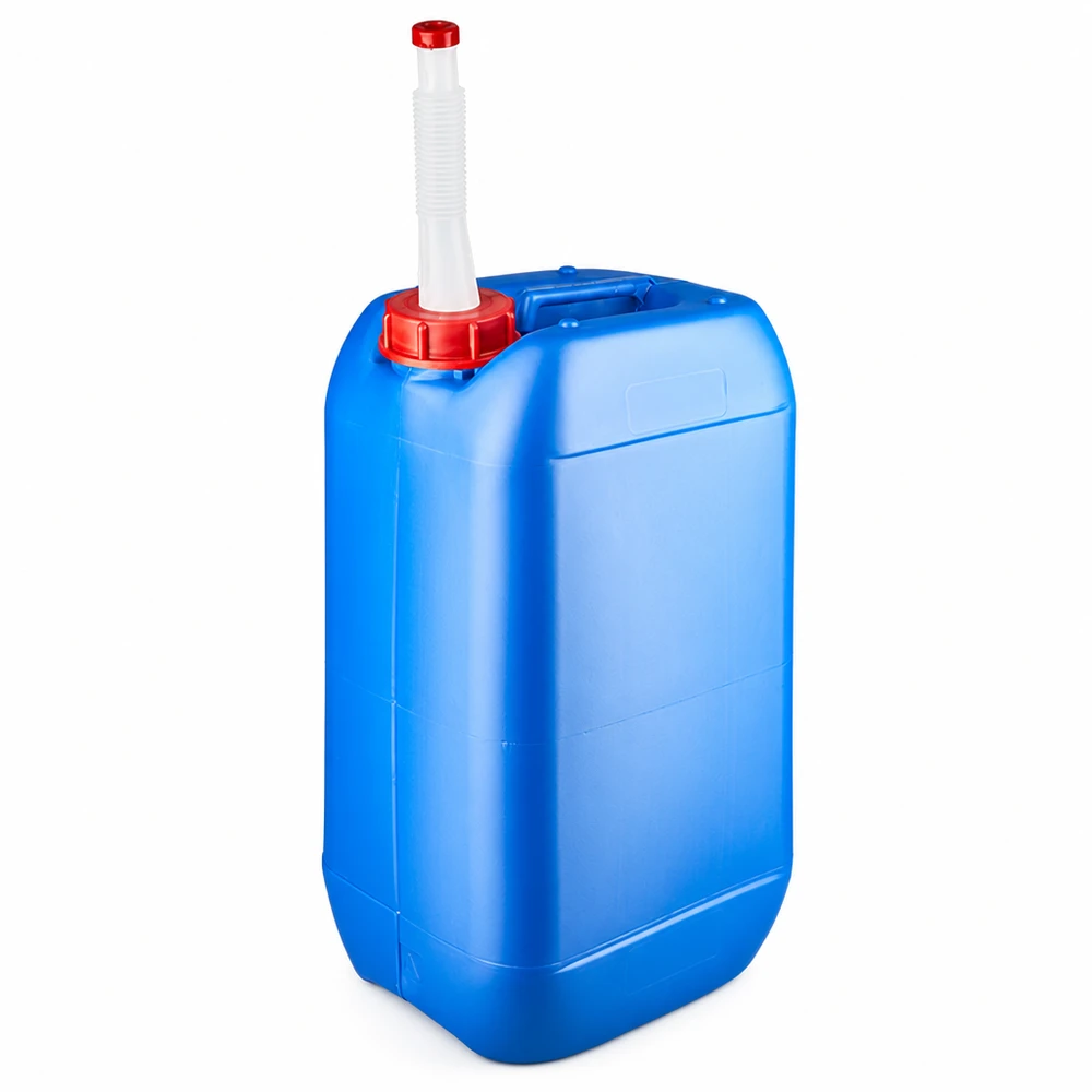Tanica 15 litri blu con tubo di uscita Flex Tanica di plastica blu da 15 litri con beccuccio flessibile e tappo a vite rosso