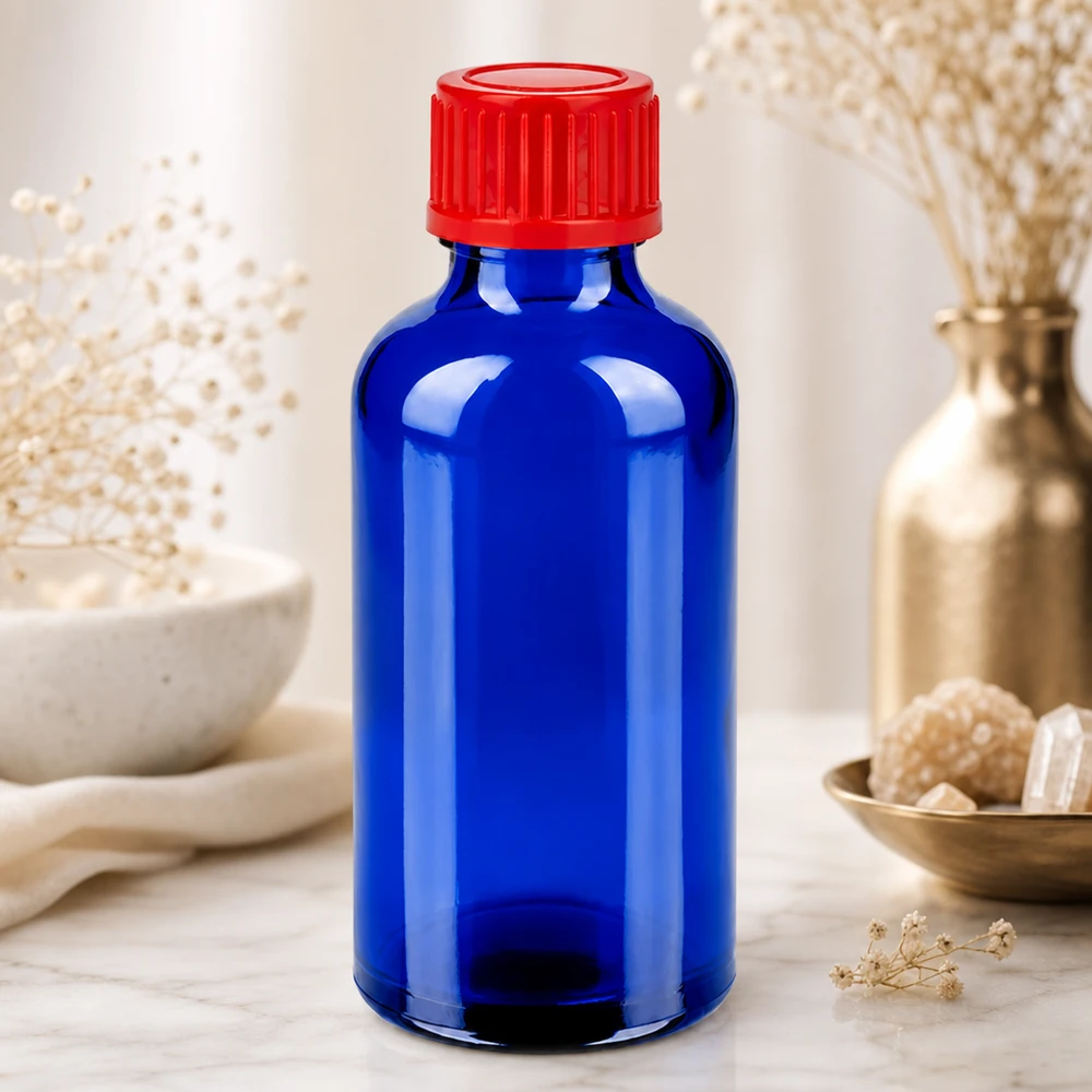 Flacone da 50ml 11mm SV rosso STD BlueLine UT18/50 Flacone da farmacia da 50 ml in blu cobalto con tappo professionale standard da 11 mm rosso