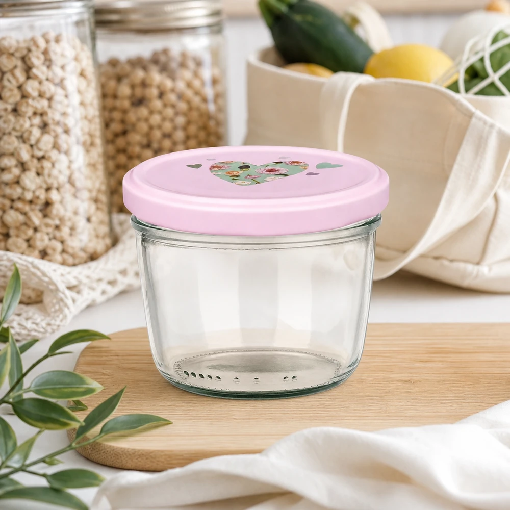 Bicchieri da 230 ml + coperchio BasicSeal cuore rosa UNiTWIST Bicchieri vuoti da 230 ml con coperchio a cuore rosa su tavoletta di legno in cucina sostenibile a rifiuti zero con barattoli di stoccaggio