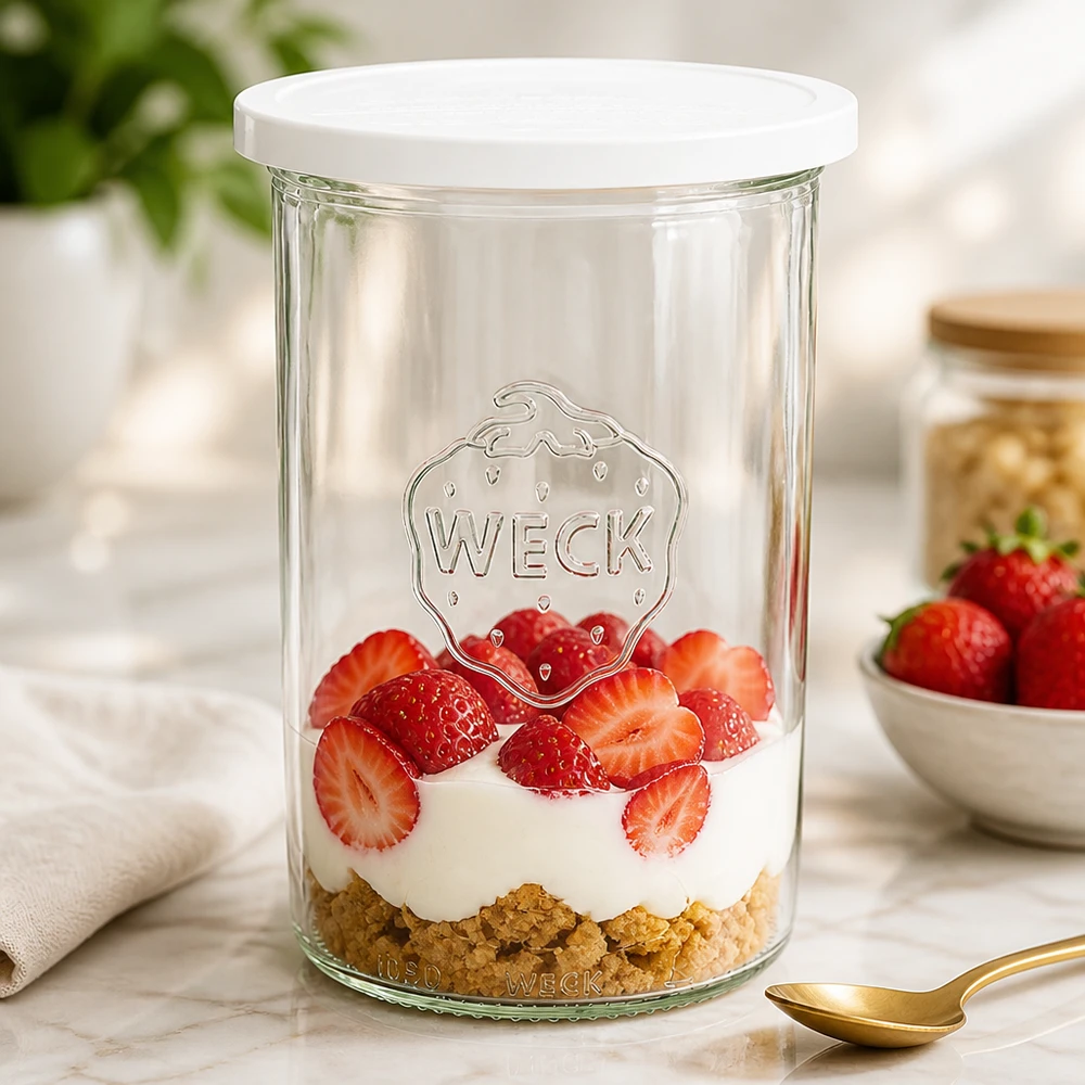 WECK 1000ml mason jar come vaso da dessert riempito con fragole e panna mostra l'uso versatile del vaso da conserva RR100