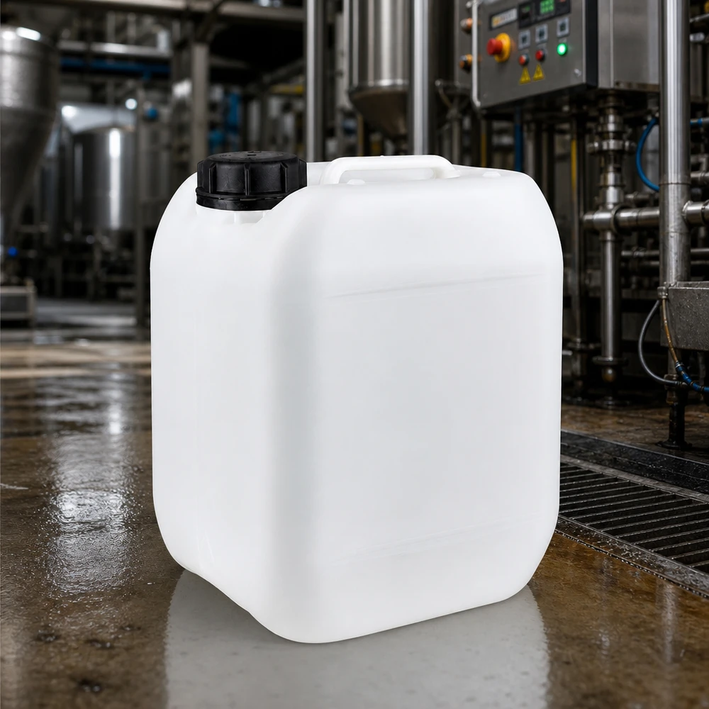 Tanica industriale trasparente da 5 litri vuota con coperchio nero nel capannone di produzione