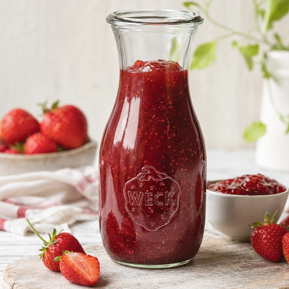 Bottiglia per succhi da 530 ml WECK RR60 Bottiglia di succo WECK da 530 ml RR60 riempita di marmellata di fragole accanto a fragole a fette e ciotola bianca