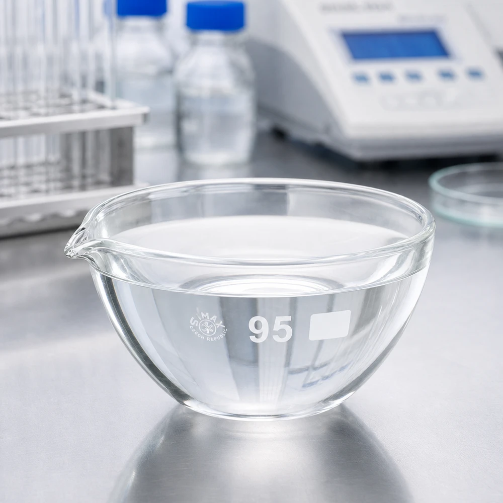 Piatto di evaporazione da 170ml con beccuccio in borosilicato ø95mm Piatto professionale da laboratorio 170ml con beccuccio integrato per l'erogazione controllata di liquidi