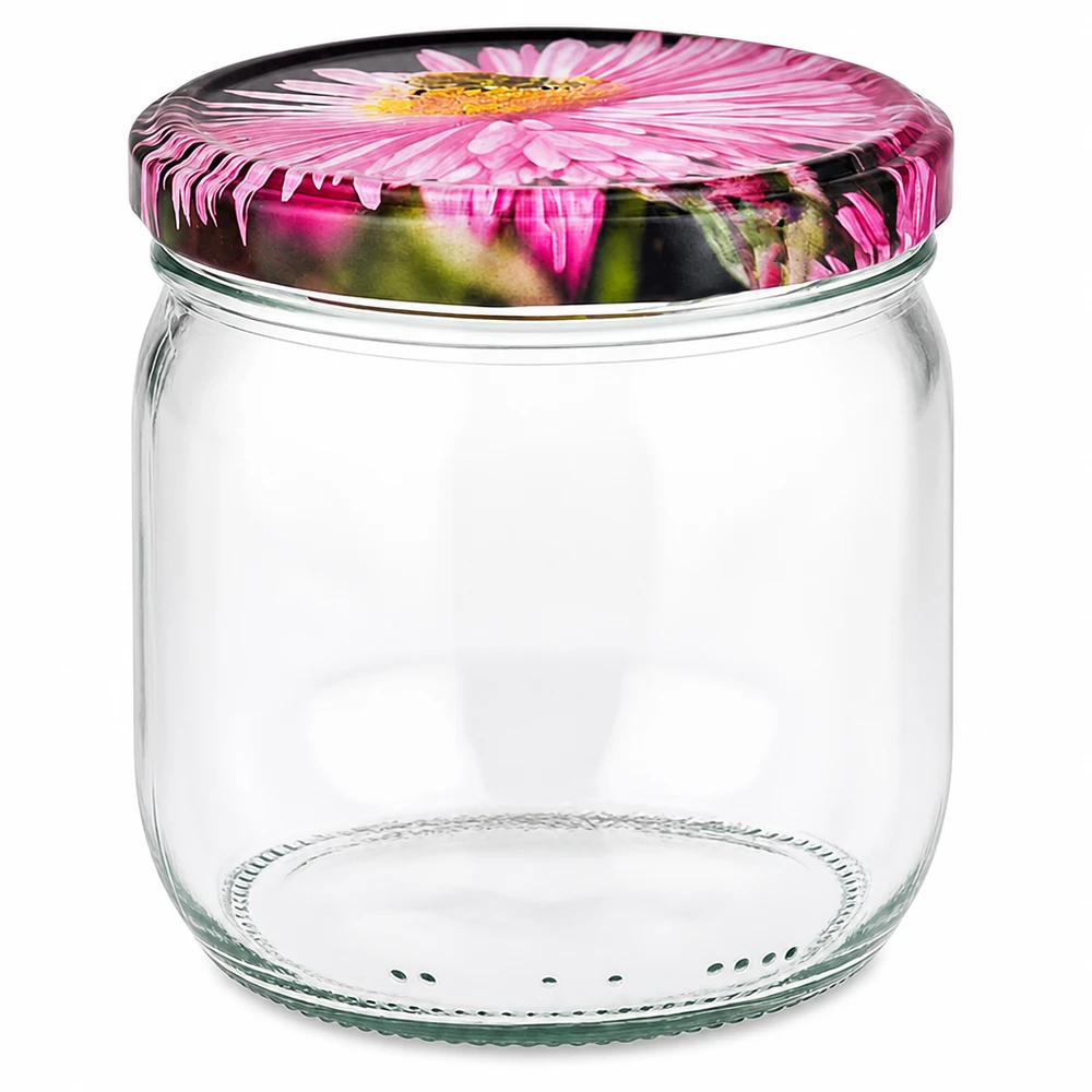 Barattolo rotondo da 425 ml con coperchio BasicSeal con motivo floreale rosa, barattolo di vetro vuoto per conserve con motivo floreale