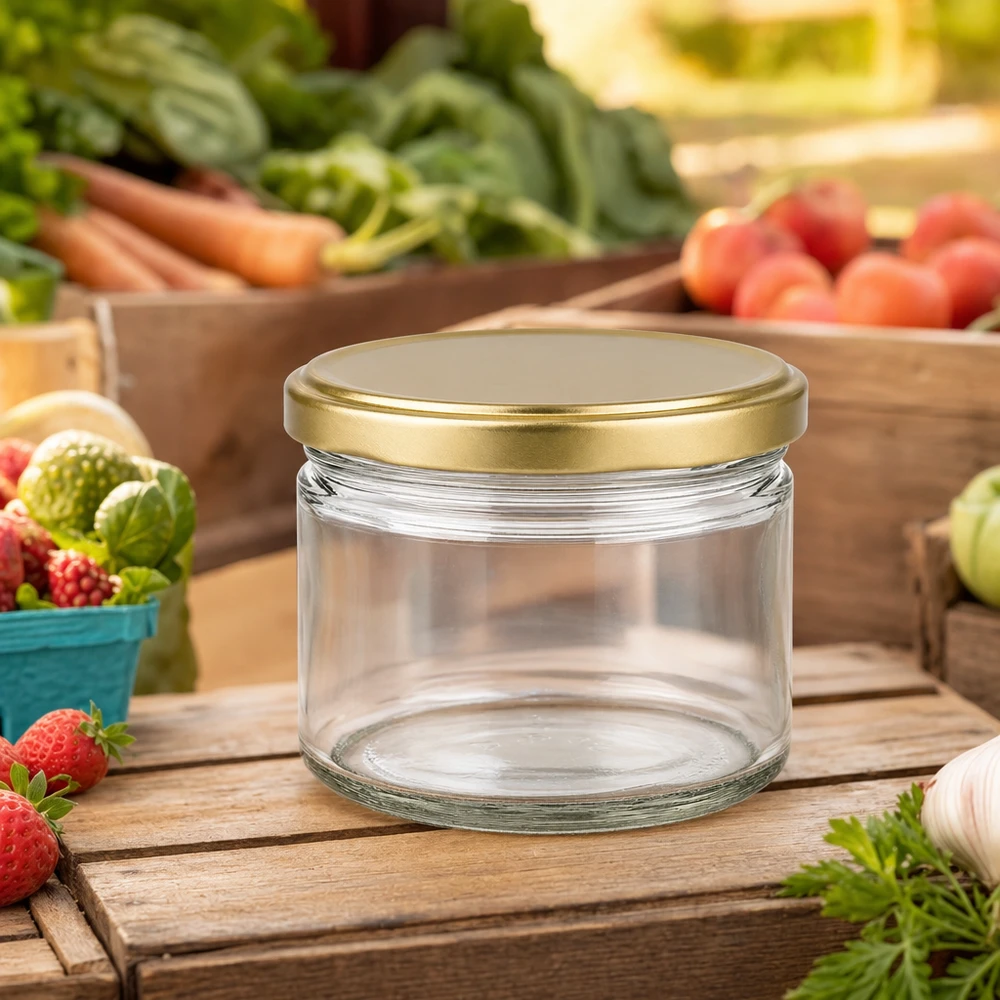 Vasetto per miele da 700 g con capsula dorata BasicSeal UNiTWIST Vasetto di miele BasicSeal da 700 g vuoto con coperchio dorato su una tavola di legno, circondato da frutta e verdura fresca del mercato.