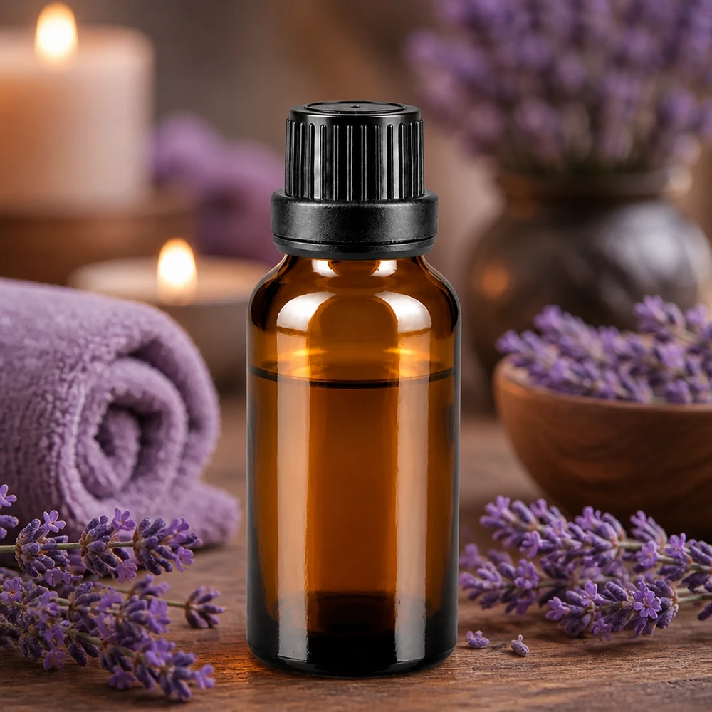 Flacone contagocce da 20 ml in vetro da farmacia di colore marrone con tappo a vite nero, tra fiori di lavanda