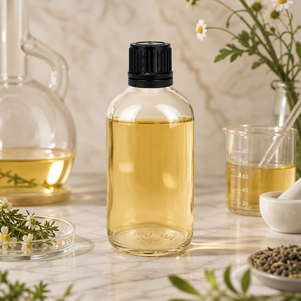 100ml (Globul)Flas. 8mm GR s. STD ClearL. UT18/100 Flacone cilindrico in vetro trasparente da 100 ml con tappo a vite nero, contenente un olio di colore giallastro su fondo marmorizzato