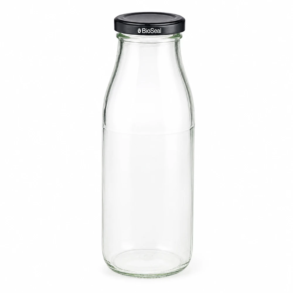 Bottiglia di vetro da 500 ml + coperchio BioSeal nero UN.. Bottiglia in vetro da 500 ml con coperchio nero BioSeal vuota e trasparente per bevande e conservazione
