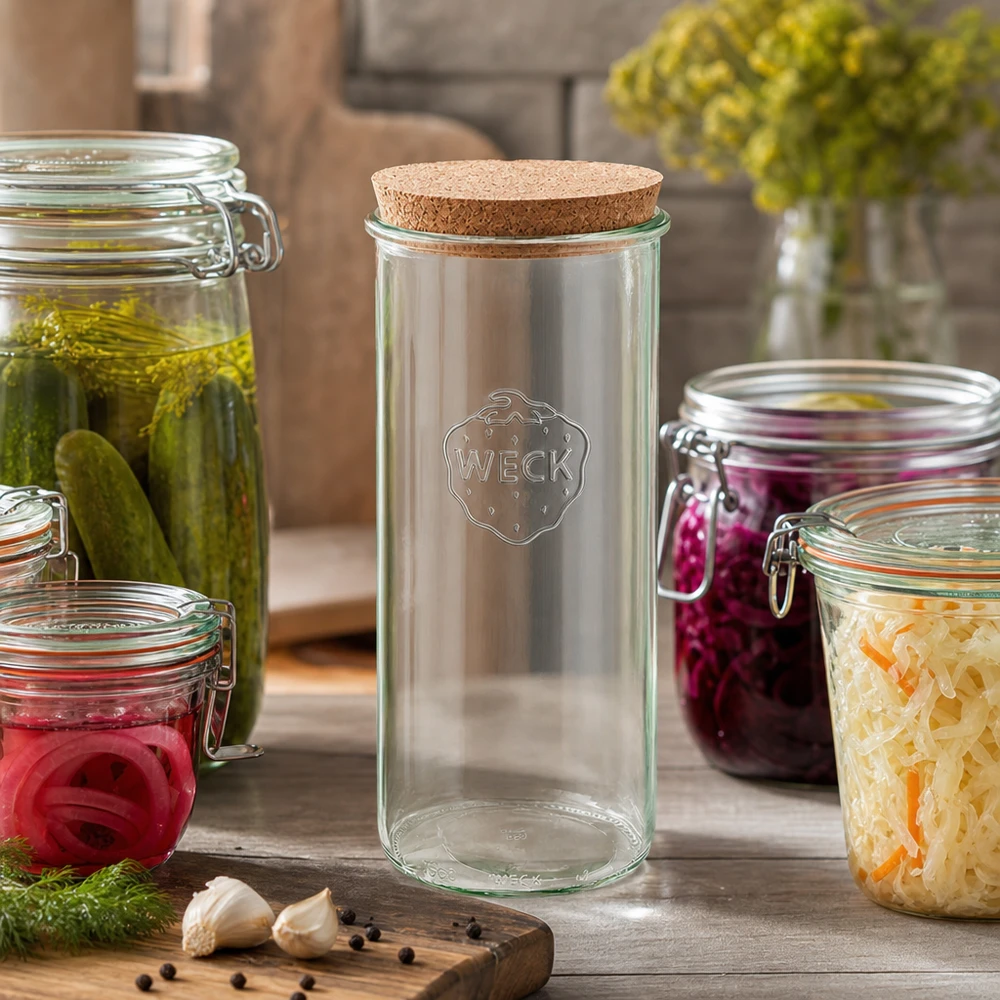 WECK Barattolo da 1500ml RR100 Scena da cucina con cetriolini sottaceto crauti cipolle rosse Coperchio in sughero Conservazione