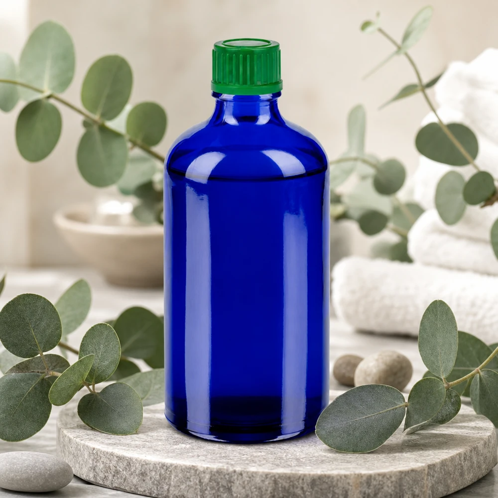 Bottiglia da 100ml 11mm SV verde STD BlueLine UT18/100 Pratico flacone in vetro da 100 ml in blu royal con design ergonomico per una facile manipolazione