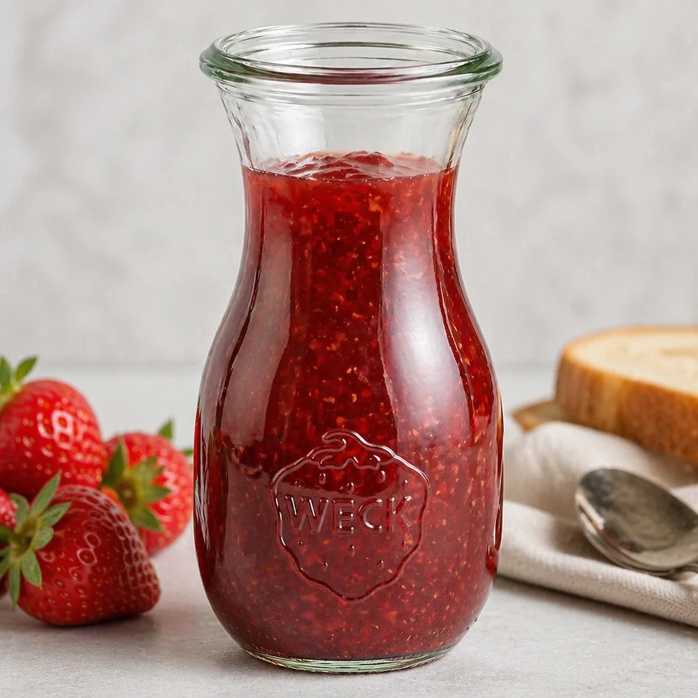 Bottiglia di succo WECK da 290 ml RR60 riempita con marmellata di fragole rosse e logo aziendale visibile sulla superficie bianca