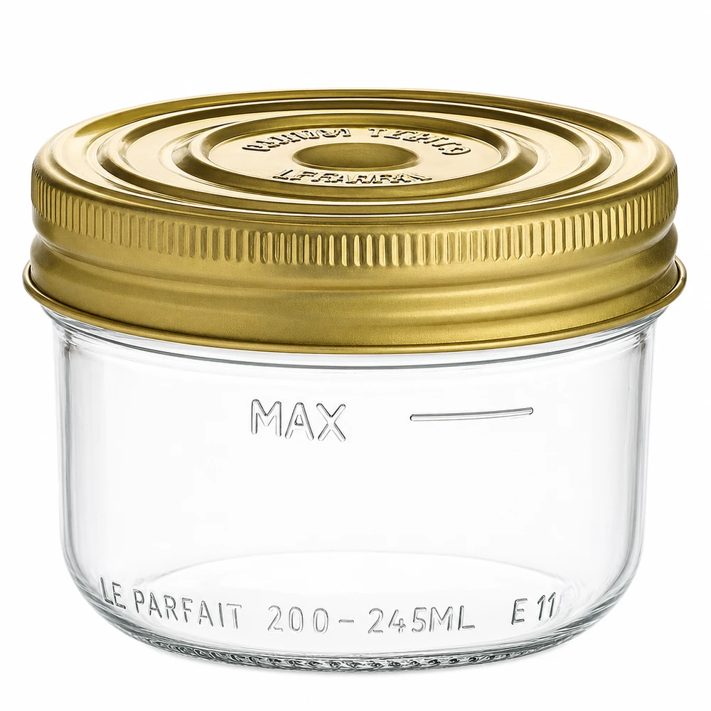 Vaso da 245 ml Familia Wiss con coperchio dorato a vite e contrassegno di livello massimo di riempimento per conserve e barattoli
