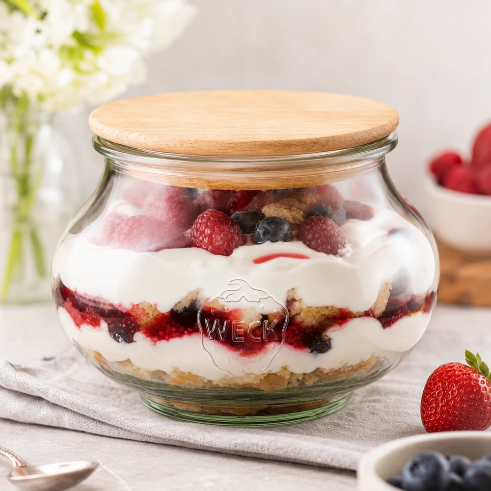 WECK vaso decorativo 560ml RR80 coperchio in legno riempito di bacche a strati dessert su superficie bianca decorazione cucina