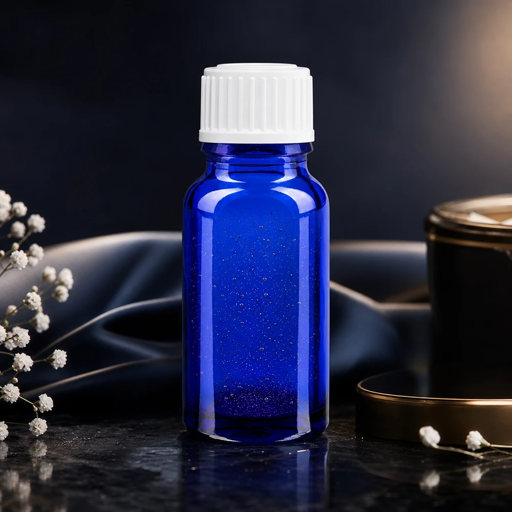 Flacone 10ml blu (Glo.) GR STD bianco/3mm ApoGlas Flacone Glo blu da 10 ml con apertura da 3 mm e tappo standard ApoGlas bianco