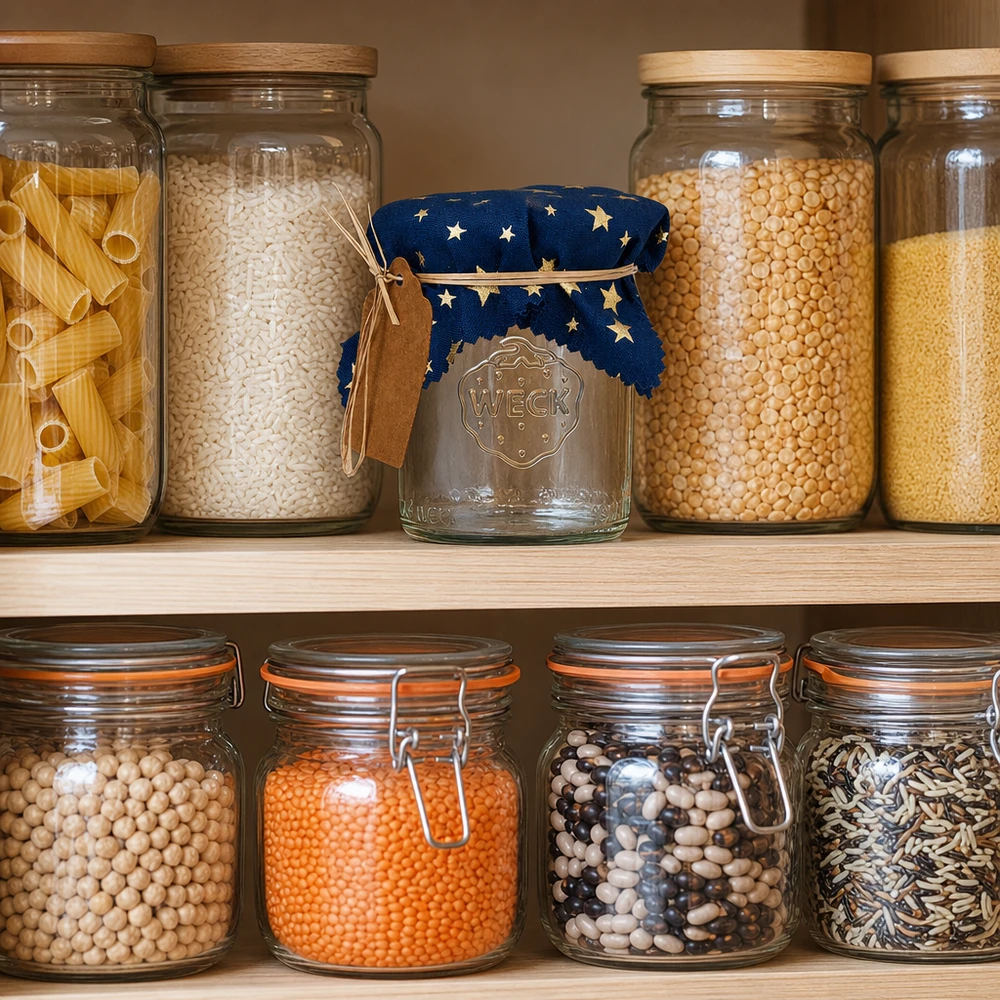 Organizzatore per dispensa con centrino in tessuto blu a forma di stella su vaso di stoccaggio tra vari legumi e cereali