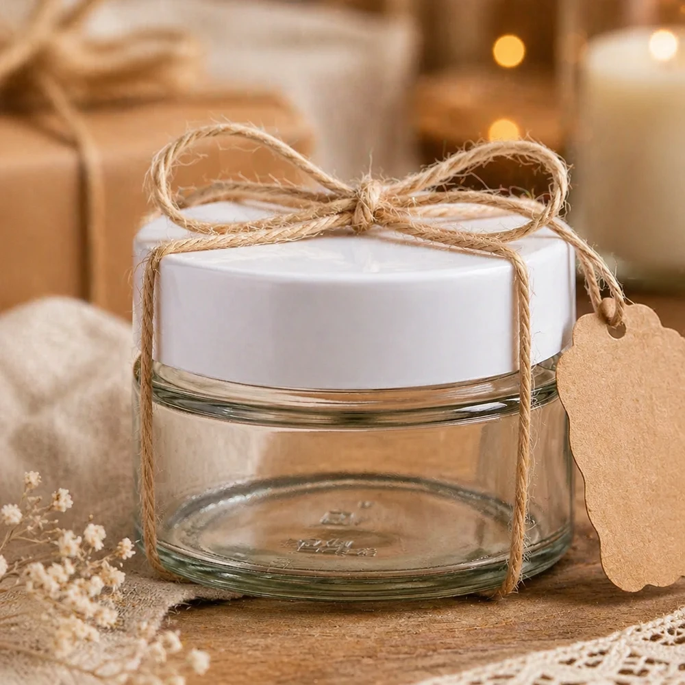Barattolo rotondo da 130 ml con coperchio BasicSeal bianco UNiTWIST Barattolo di vetro rotondo bianco da 130 ml BasicSeal come confezione regalo con cordoncino di iuta e cartellino - Barattolo di vetro regalo fai da te