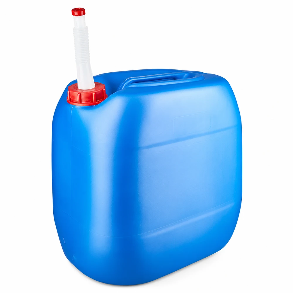 Tanica 30 litri blu con tubo di uscita Flex Tanica blu da 30 litri con tappo a vite rosso e tubo di scarico flessibile bianco