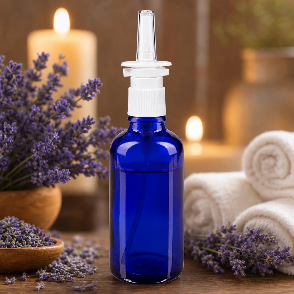 Flacone di vetro blu da 50 ml con beccuccio spray nasale, davanti a fiori di lavanda e candele che creano un’atmosfera di benessere