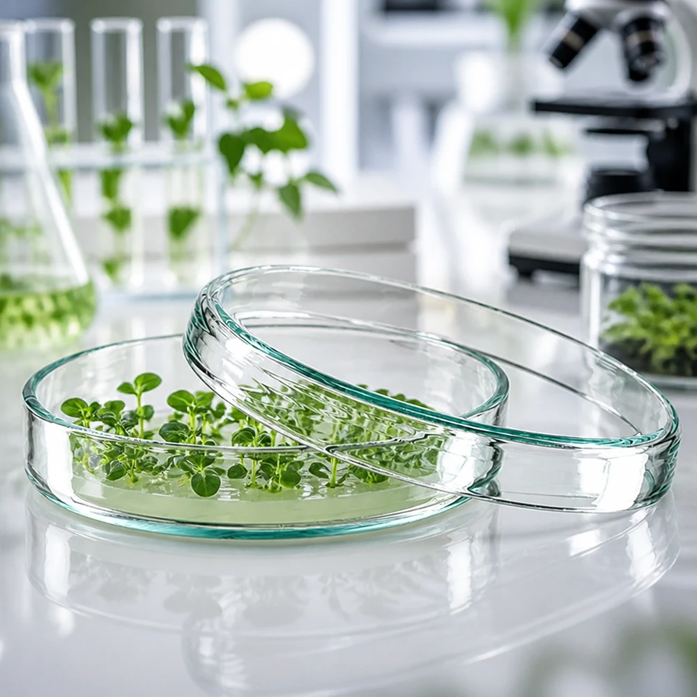 Piastra Petri 80x15mm in vetro Piastra di Petri in vetro da 80x15 mm con piantine verdi in una soluzione nutritiva trasparente nel laboratorio di botanica
