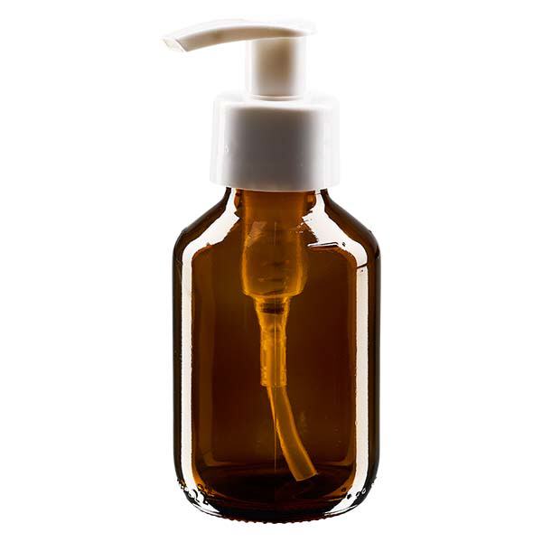 Flacone per medicinali da 100 ml marrone, con pompa dosatrice bianca ApoGlas Flacone per medicinali da 100 ml marrone, con pompa dosatrice bianca ApoGlas