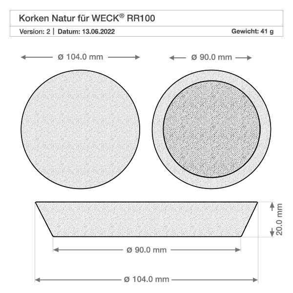 Sughero per apertura 94 mm WECK RR100 (ø90/104, H=20 mm) Disegno tecnico del tappo in sughero WECK RR100 con dimensioni 104mm 90mm diametro 20mm altezza peso 41g sughero naturale