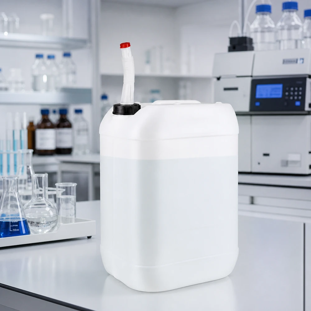 Tanica da 25 litri con beccuccio flessibile su un piano di lavoro bianco da laboratorio accanto a un matraccio di Erlenmeyer